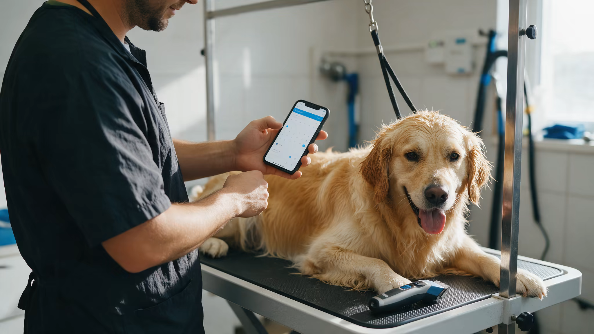 Toelettatrice che controlla gli appuntamenti sul telefono accanto al tavolo da toelettatura
