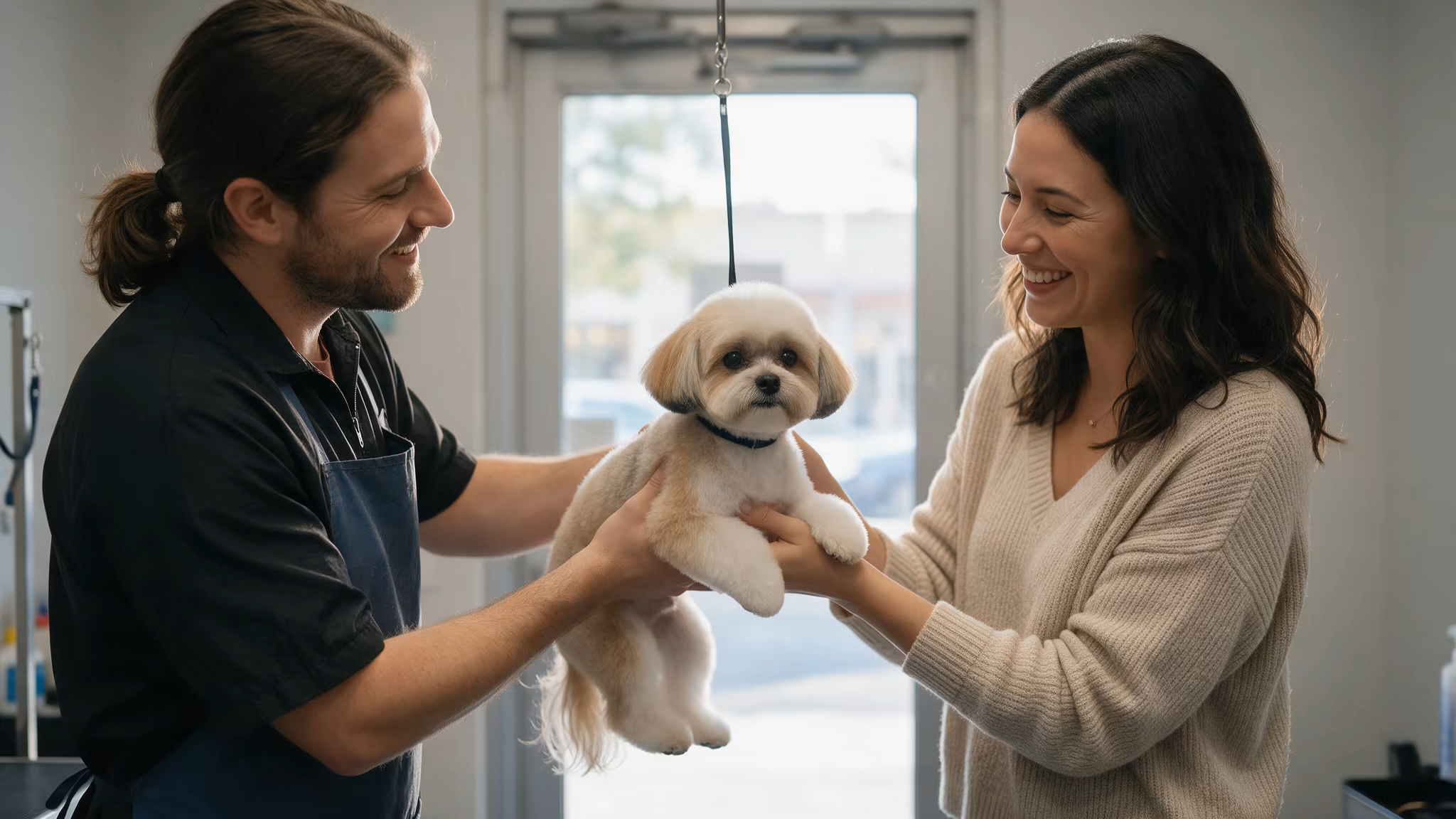 Cane appena tosato riconsegnato alla proprietaria all'uscita della toelettatura