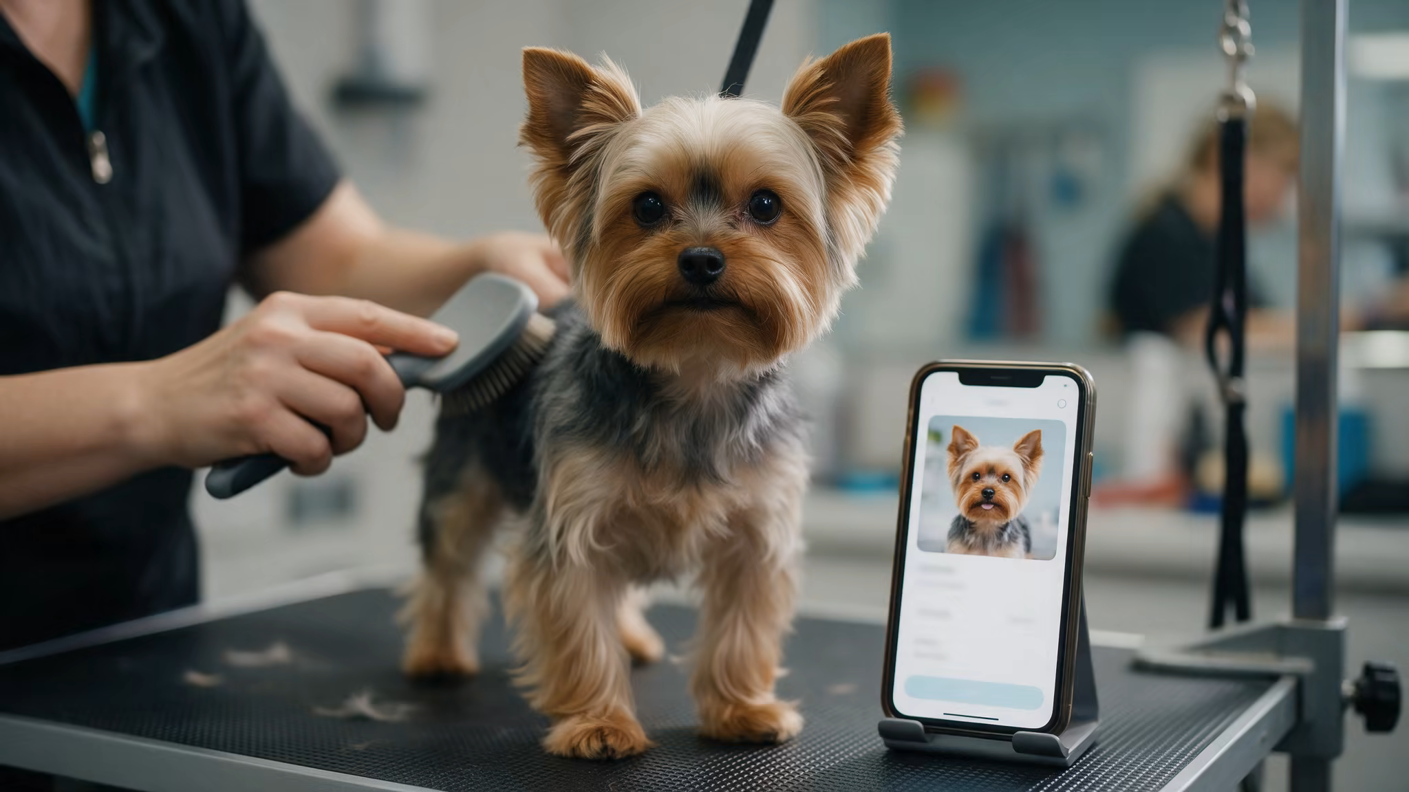 Toelettatrice che spazzola un cane di piccola taglia sul tavolo, con la scheda del cane aperta sul telefono